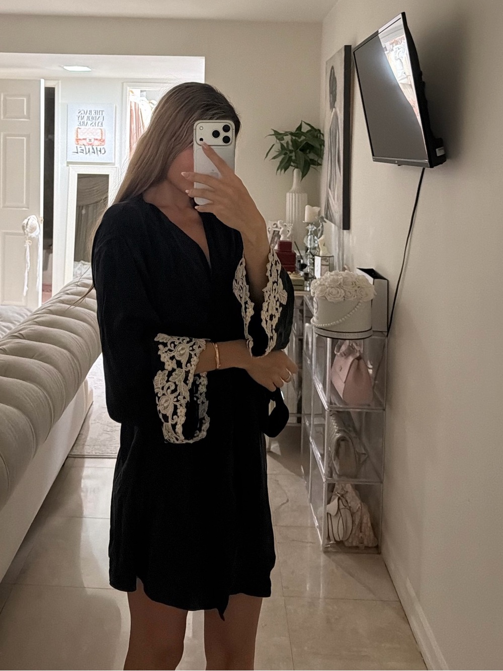La Perla Black Silk Wrap Robe with White Lace Cuffs